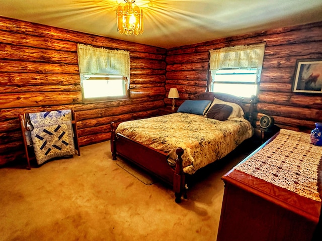 bedroom featuring rustic walls and carpet