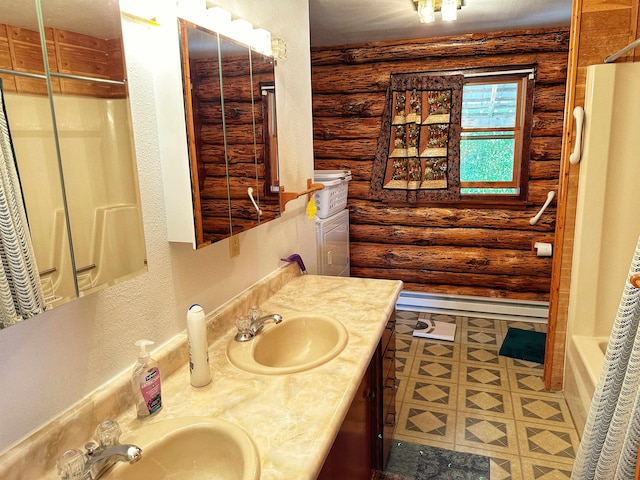 bathroom with vanity and shower / bath combo with shower curtain