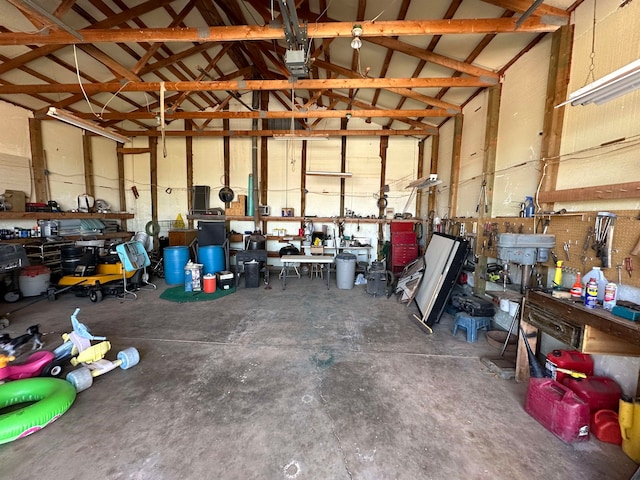 garage with a workshop area