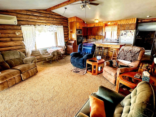 living room featuring carpet flooring, ceiling fan, a wall unit AC, rustic walls, and vaulted ceiling with beams