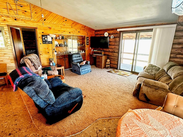 carpeted living room with lofted ceiling