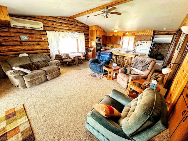 carpeted living room with ceiling fan, a wall unit AC, and lofted ceiling with beams