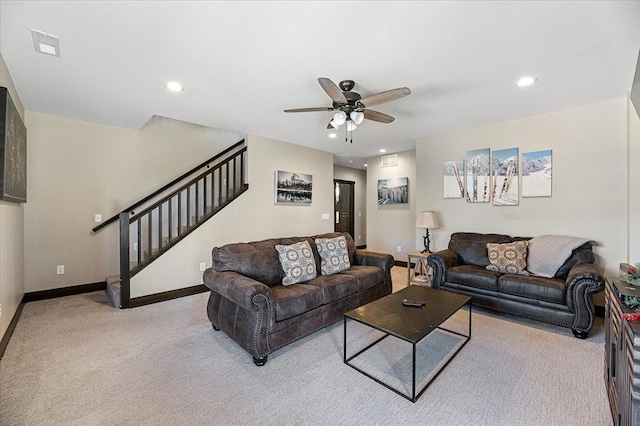 21185 Lost Camp Trl, Lead, SD 57754 - living area featuring baseboards, ceiling fan, recessed lighting, stairway, and carpet floors