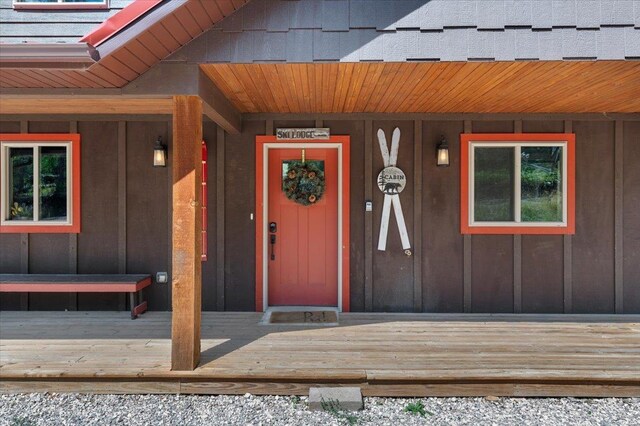 21185 Lost Camp Trl, Lead, SD 57754 - doorway to property with board and batten siding