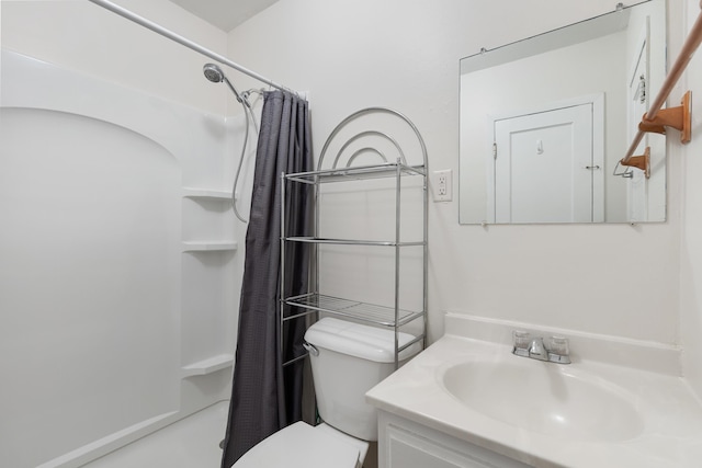 full bathroom with vanity, toilet, and shower / bathtub combination with curtain