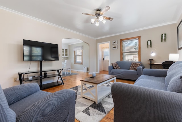 living room with ceiling fan, ornamental molding, and light hardwood / wood-style flooring