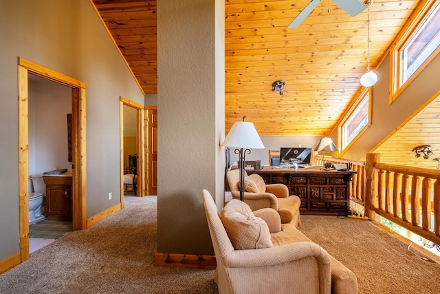 living area with a skylight, wooden ceiling, carpet flooring, and high vaulted ceiling