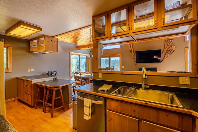 kitchen with light hardwood / wood-style floors, dishwasher, a textured ceiling, wooden ceiling, and sink