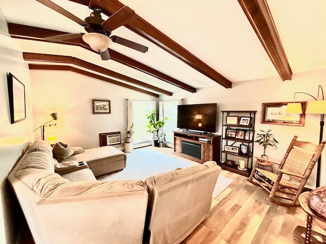 living room featuring lofted ceiling with beams, a baseboard radiator, ceiling fan, and light hardwood / wood-style floors