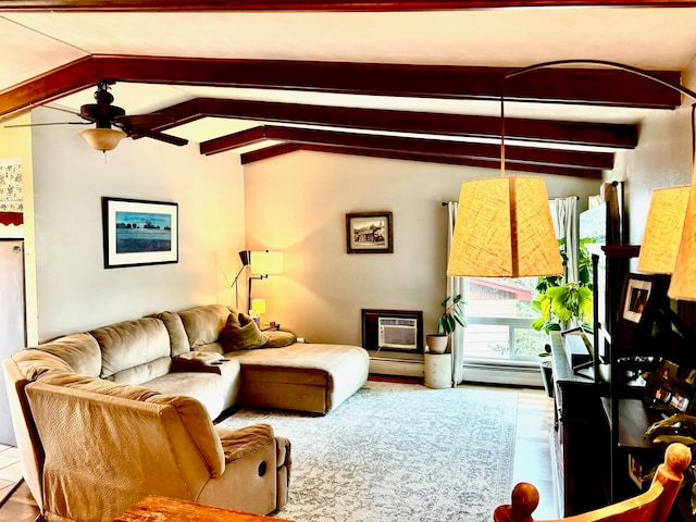 living room with ceiling fan, a baseboard radiator, and lofted ceiling with beams