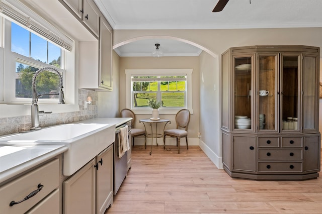 kitchen with a healthy amount of sunlight, ceiling fan, sink, and light hardwood / wood-style floors