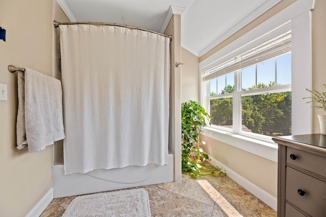 bathroom featuring crown molding, vanity, and shower / tub combo