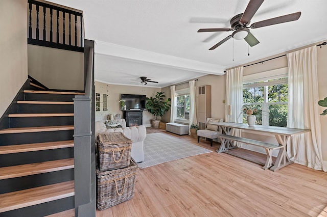 living room with hardwood / wood-style floors and ceiling fan