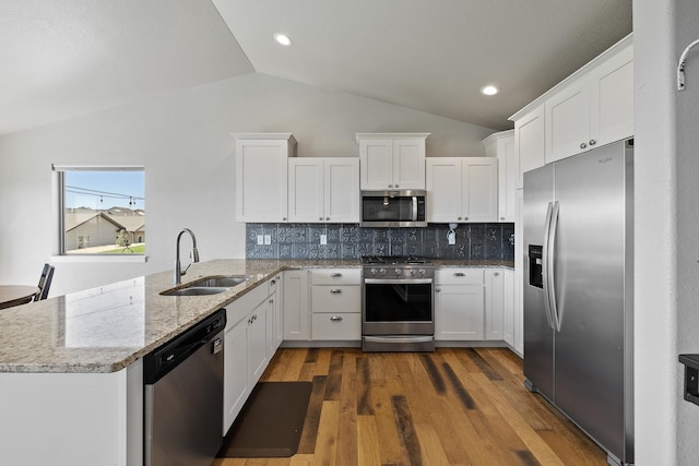 kitchen with backsplash, stainless steel appliances, sink, dark hardwood / wood-style floors, and vaulted ceiling