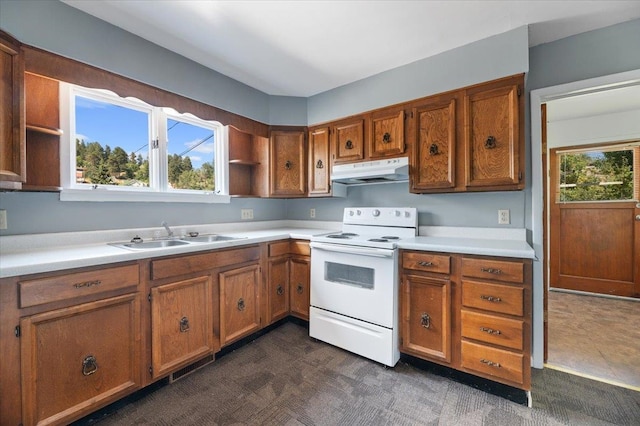 kitchen with a healthy amount of sunlight, dark colored carpet, white range with electric cooktop, and sink