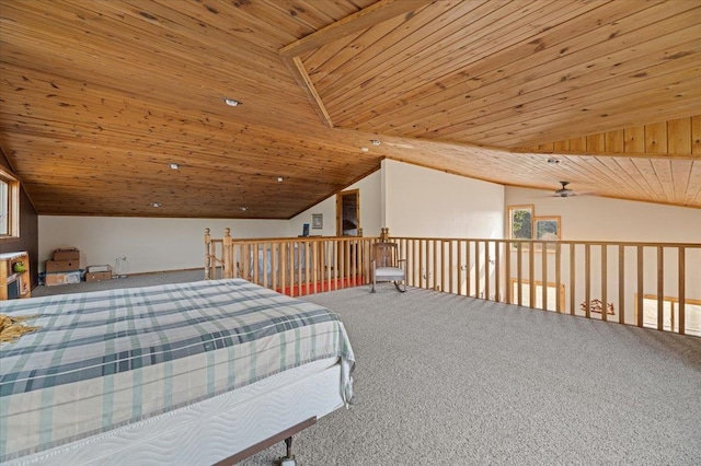 bedroom featuring wooden ceiling, vaulted ceiling, and carpet floors