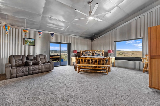 bedroom featuring carpet flooring, access to outside, and ceiling fan