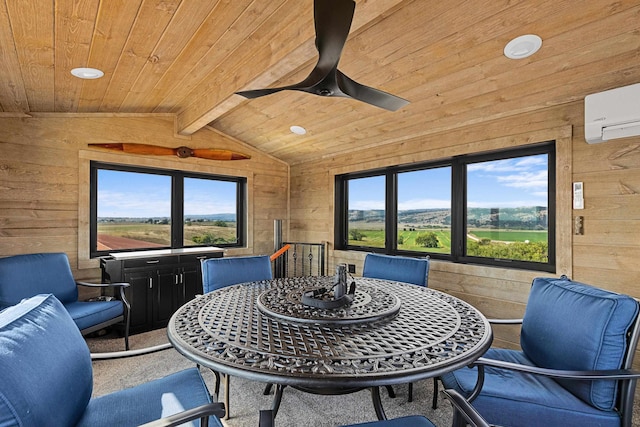 sunroom with wood ceiling, ceiling fan, an AC wall unit, and lofted ceiling with beams