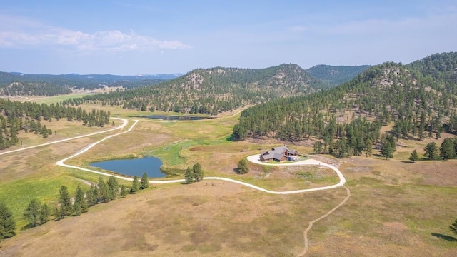 birds eye view of property featuring a rural view and a water and mountain view