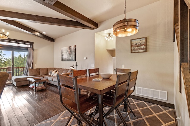 dining space with visible vents, baseboards, a chandelier, beamed ceiling, and dark wood-style floors