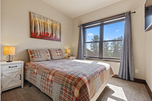 bedroom with dark colored carpet, baseboards, and vaulted ceiling