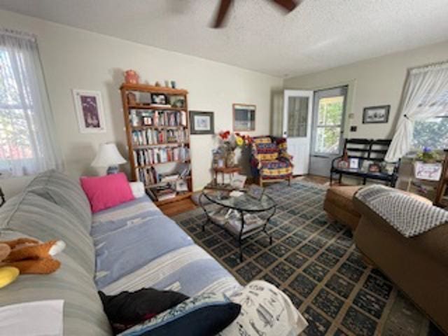 living room featuring a textured ceiling, wood-type flooring, and ceiling fan