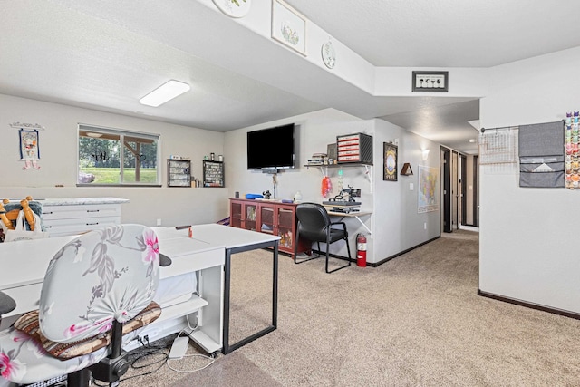 game room with a textured ceiling and light colored carpet