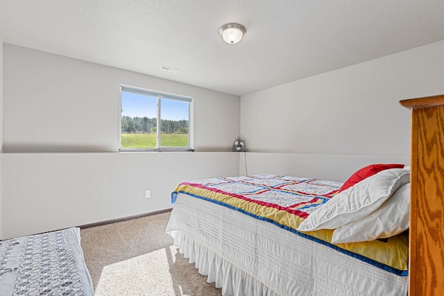 bedroom featuring carpet and a textured ceiling