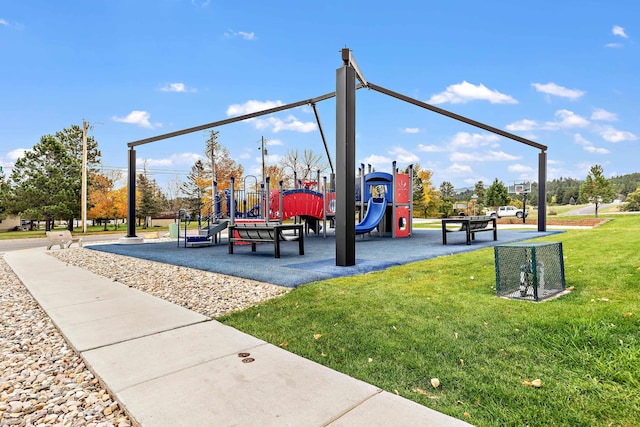 view of jungle gym with a yard