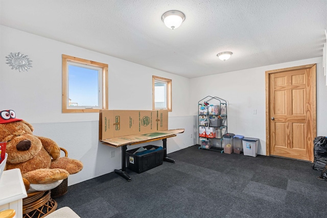 misc room with dark carpet and a textured ceiling