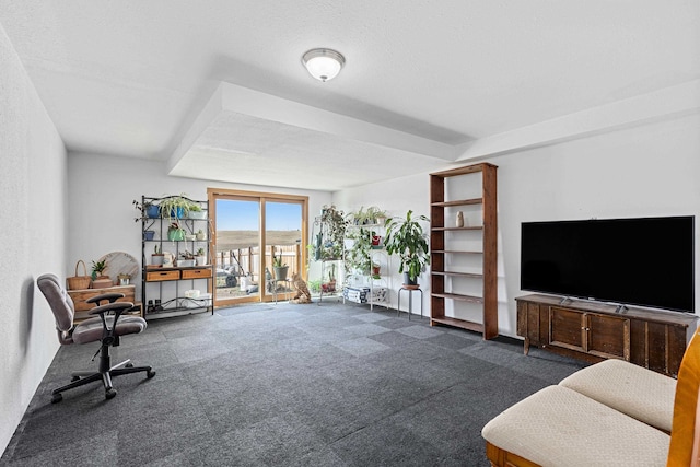 carpeted living room with a textured ceiling