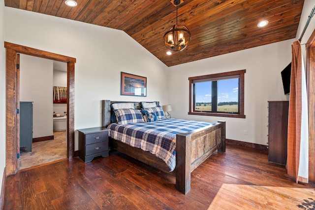 bedroom featuring wooden ceiling, dark hardwood / wood-style flooring, vaulted ceiling, a chandelier, and ensuite bathroom