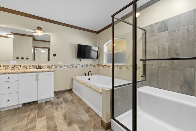 bathroom with crown molding, shower with separate bathtub, vanity, and ceiling fan