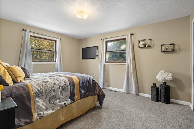 carpeted bedroom featuring multiple windows and a textured ceiling