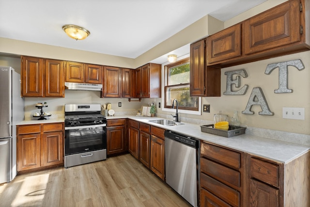 kitchen with stainless steel appliances, light wood-type flooring, and sink