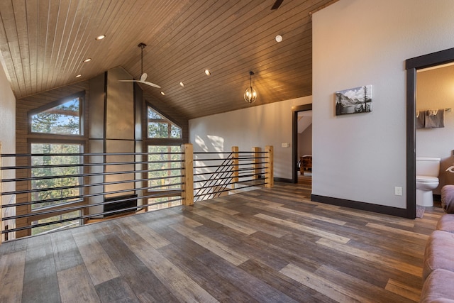 additional living space featuring high vaulted ceiling, wood finished floors, wood ceiling, and baseboards