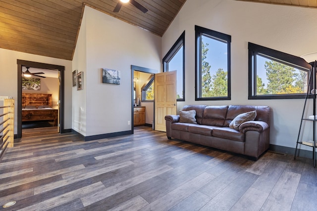 living room featuring high vaulted ceiling, dark wood-style flooring, wooden ceiling, and ceiling fan