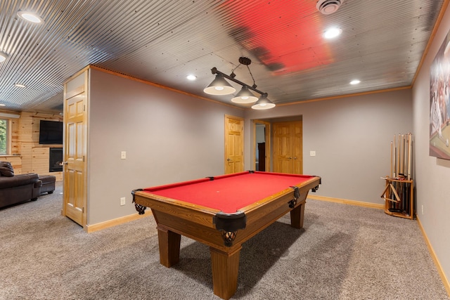 game room with ornamental molding, wooden ceiling, light colored carpet, and billiards