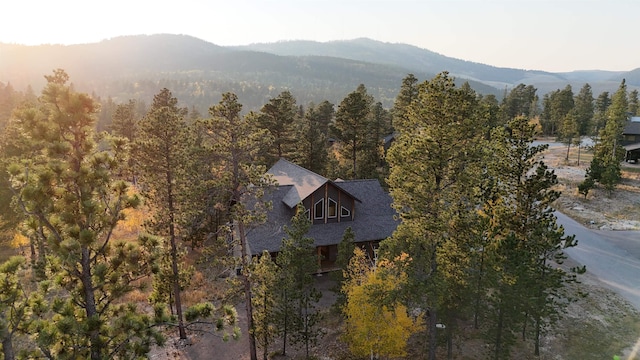 bird's eye view featuring a mountain view and a wooded view