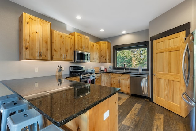 kitchen with appliances with stainless steel finishes, dark wood-type flooring, a peninsula, a sink, and recessed lighting