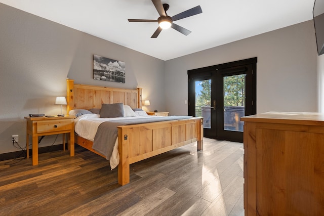 bedroom with access to exterior, baseboards, light wood finished floors, and a ceiling fan