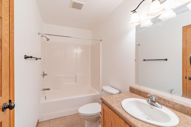 full bathroom with bathtub / shower combination, vanity, tile patterned flooring, and toilet