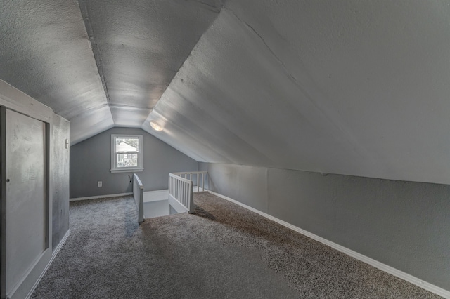 additional living space featuring vaulted ceiling, carpet, and a textured ceiling