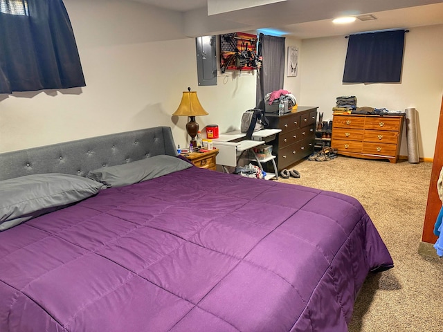 carpeted bedroom featuring electric panel