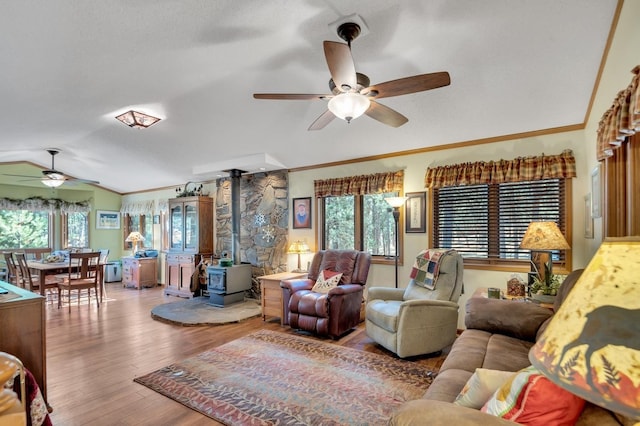 living room featuring vaulted ceiling, a wood stove, wood-type flooring, and plenty of natural light