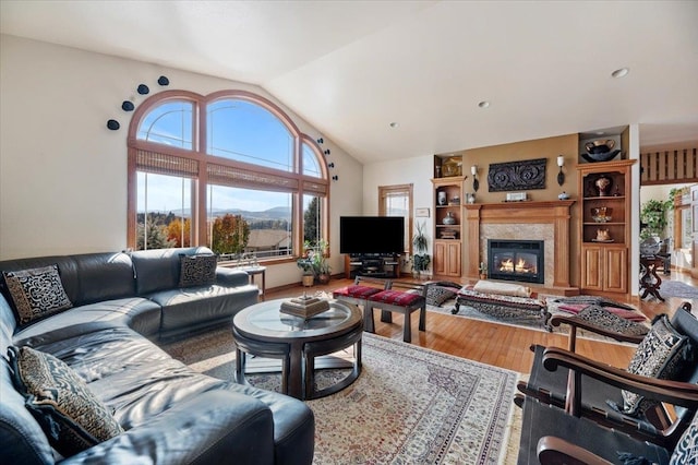 living room with hardwood / wood-style floors and high vaulted ceiling