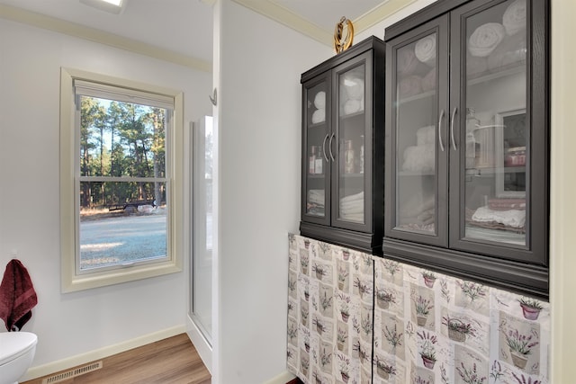 interior space featuring hardwood / wood-style floors and crown molding