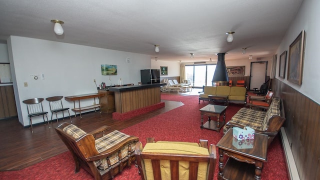 living room with a wood stove and dark hardwood / wood-style floors