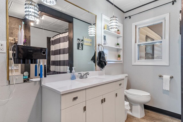 bathroom featuring toilet, vanity, and wood-type flooring