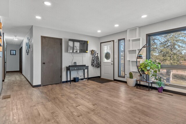 entrance foyer featuring light hardwood / wood-style flooring, a textured ceiling, and a wealth of natural light